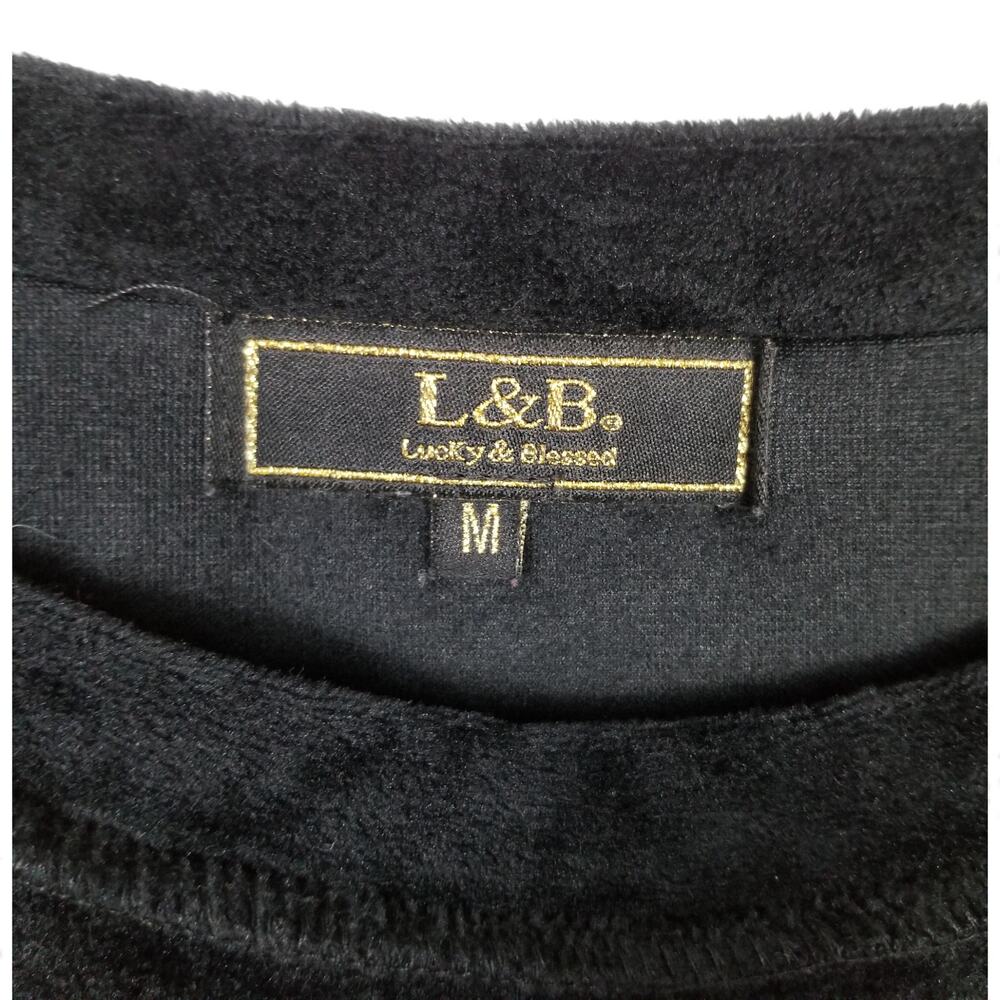 LUCKY & BLESSED Black Velvet Top w/ Puff Shoulders & Long Sleeves - M - Picture 5 of 6